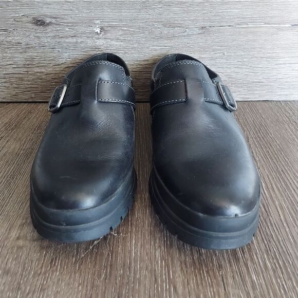 Women’s MERRELL City Leaf Black Leather Buckle Slides Clogs Mules Size 9 - Picture 2 of 9